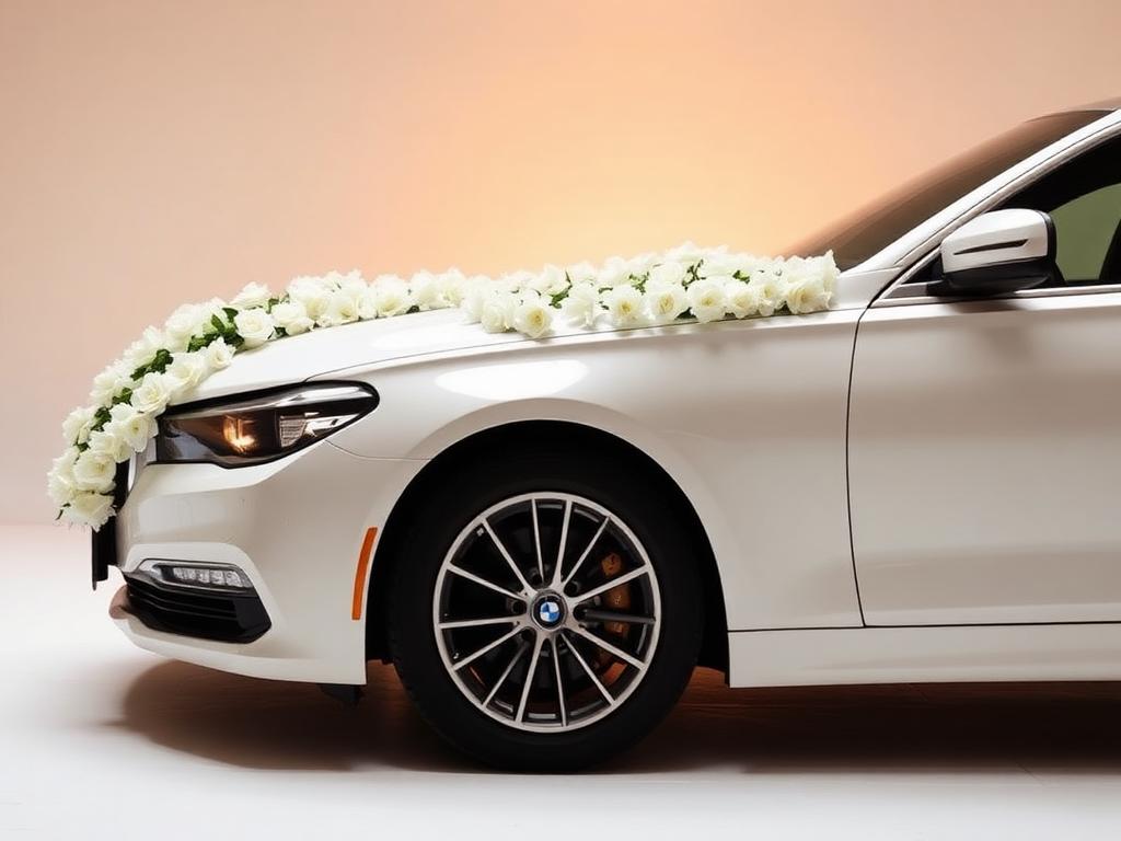 White BMW 7 Series decorated for wedding baraat in Indore