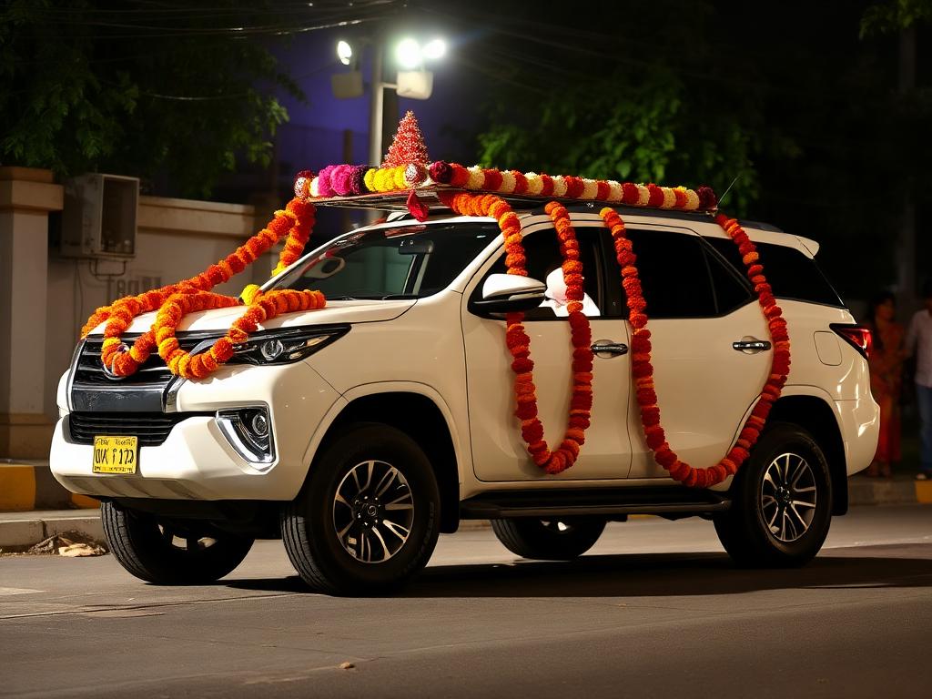 White Toyota Fortuner decorated for baraat with marigold garlands