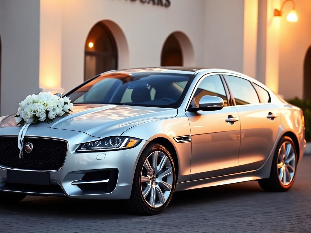 Silver Jaguar XF wedding car with white flowers