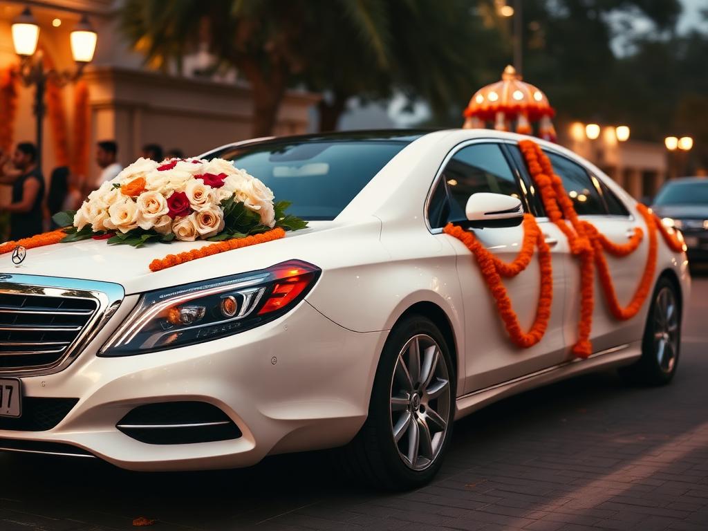 White Mercedes S-Class with marigold decoration for Indian wedding