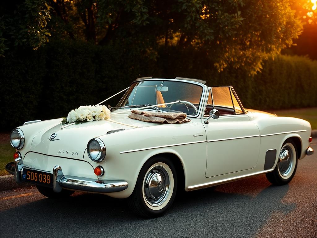 Classic vintage convertible wedding car with pearl decoration