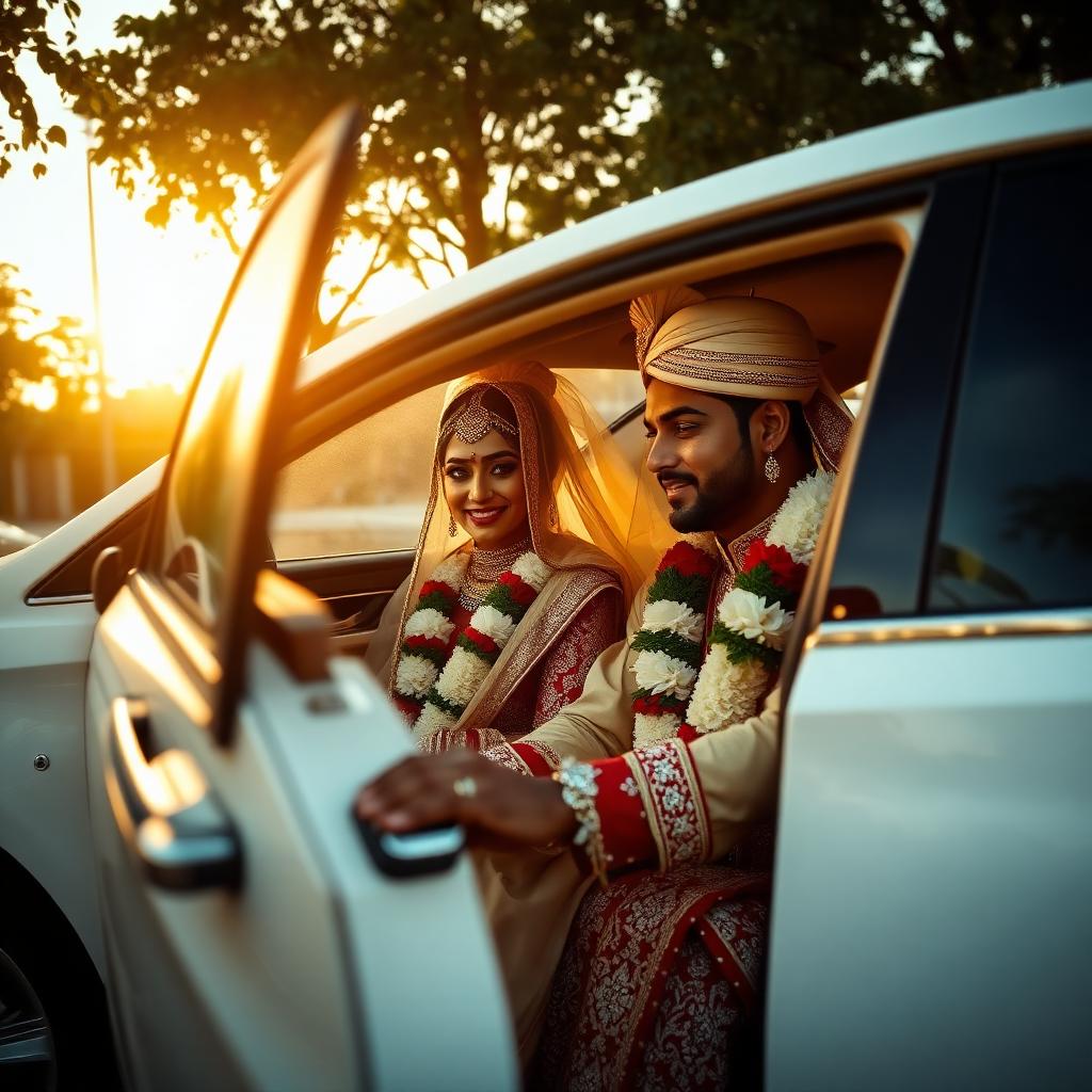 Indian bride and groom arriving in decorated white luxury wedding car