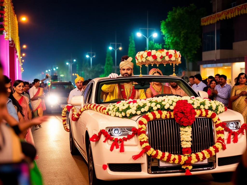 Baraat procession with flower-decorated luxury wedding car at night