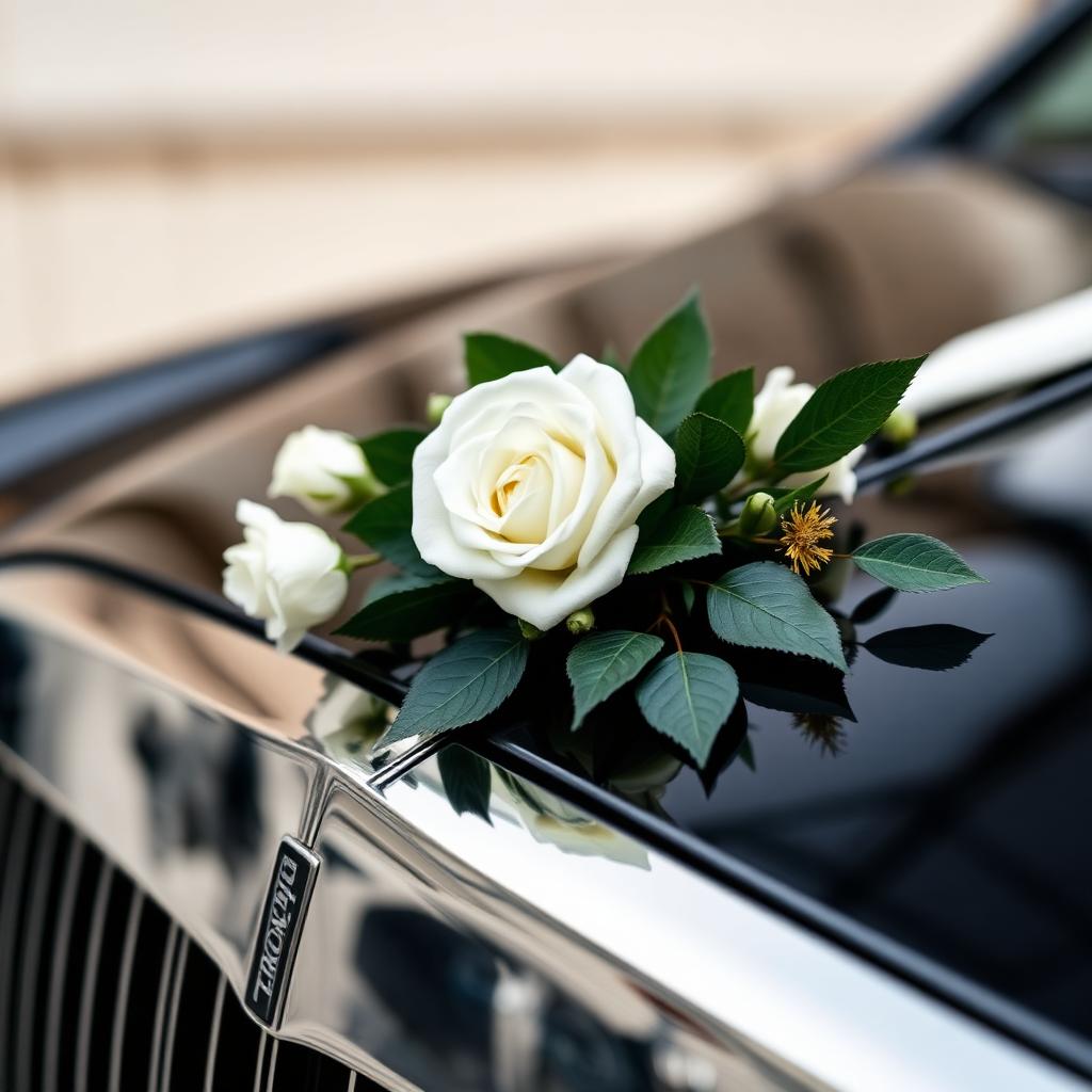 White rose floral decoration close-up on a luxury wedding car hood