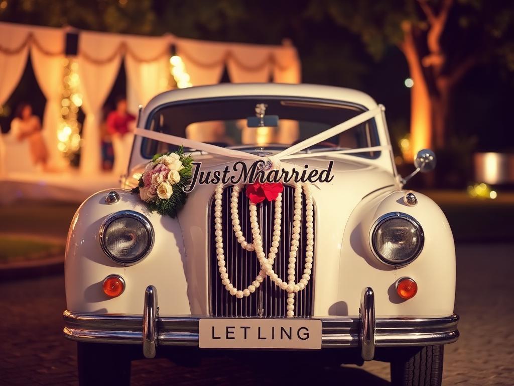 Vintage cream wedding car with Just Married sign and pearl garlands