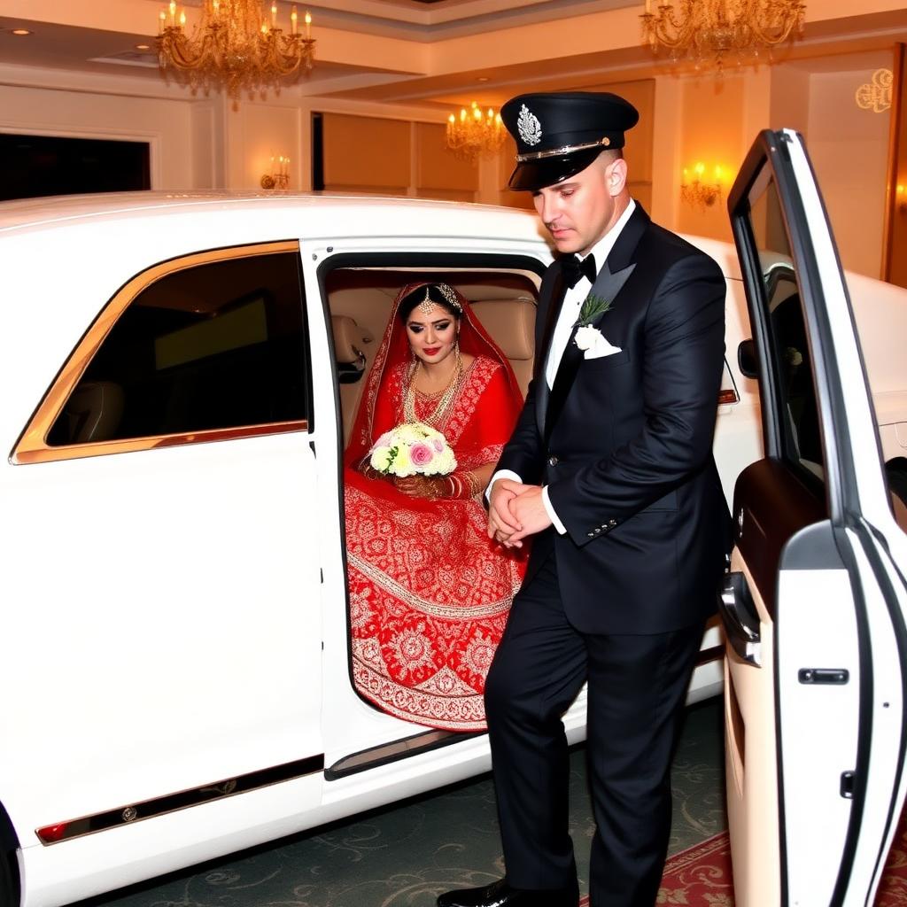 Chauffeur assisting Indian bride from a luxury wedding sedan