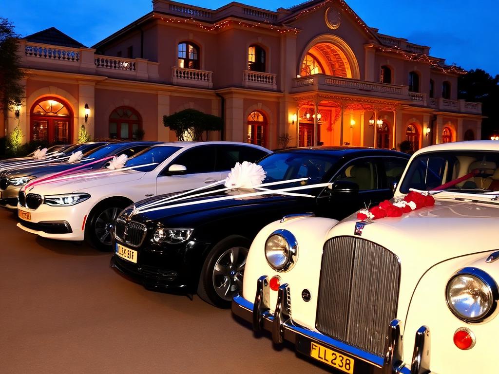 Fleet of decorated wedding cars parked outside a grand Indore venue