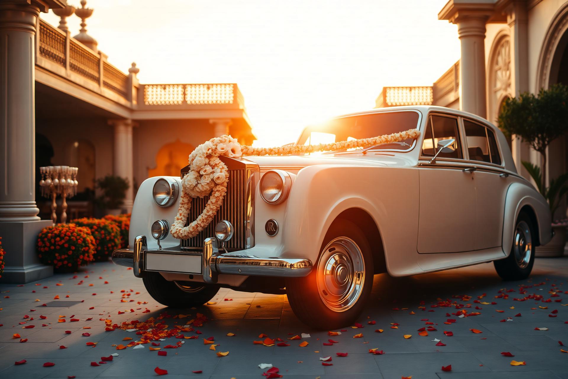Luxury white vintage wedding car decorated with flowers at an Indore wedding venue